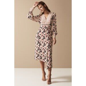 Reiss Emmi Floral Print Side Slit Asymmetric Midi Dress Red Multi Size 6